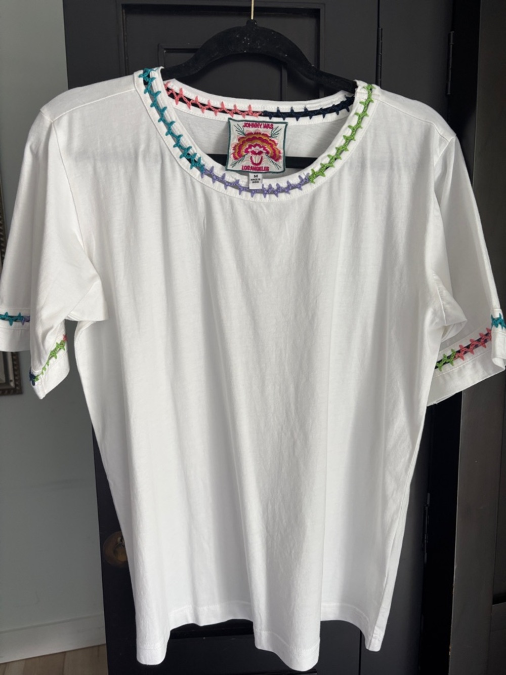 Johnny Was White Crewneck Tee with Multicolor Embroidered Trim NWOT